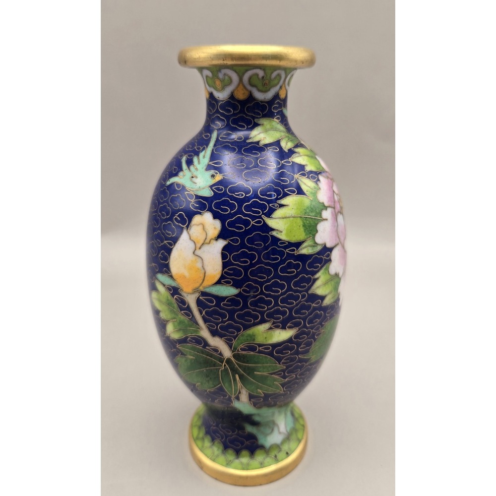 Chinese Cloisonne Enamel Vase 5" Tall Mid-Cen With A Pink Peony Motif B#28 - Picture 3 of 7